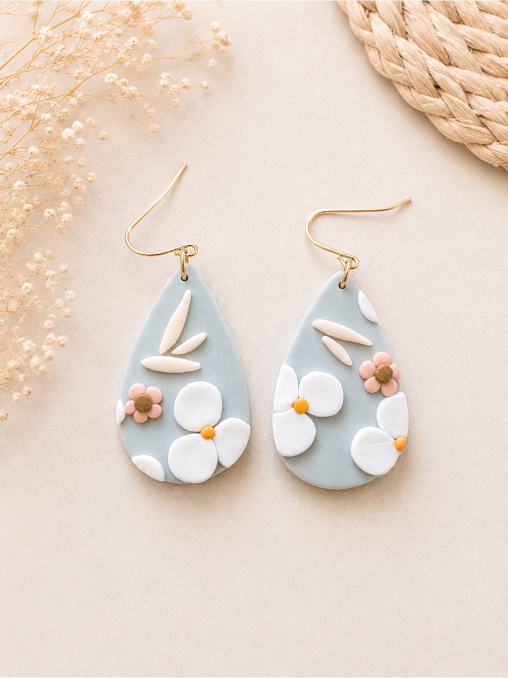 Handcrafted Pastel Blue Floral Teardrop Earrings